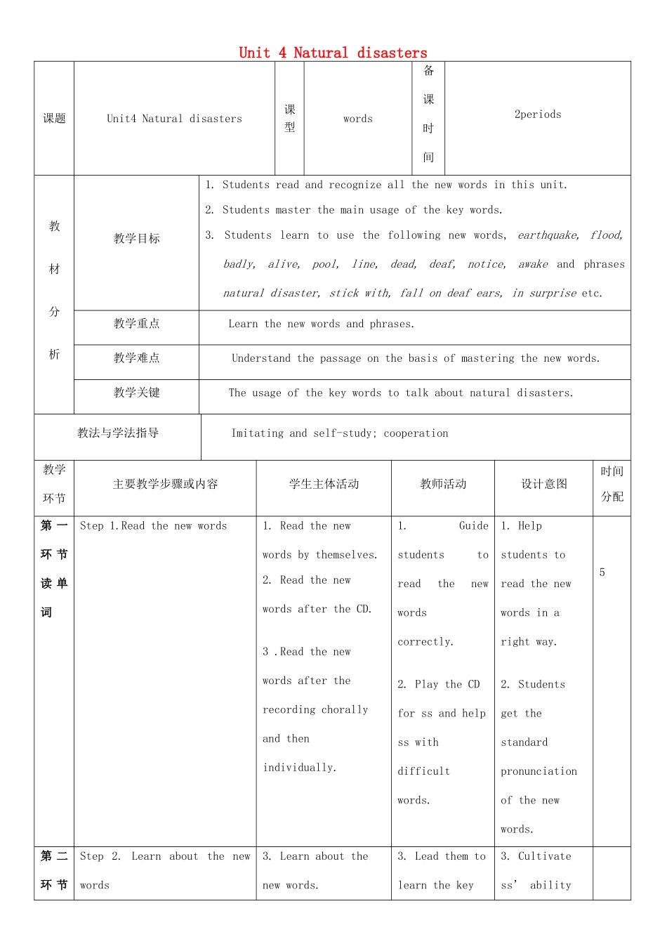 九年级英语下册 Module 2 Environmental problems Unit 4 Natural disasters教案1 牛津深圳版-牛津深圳版初中九年级下册英语教案_第1页