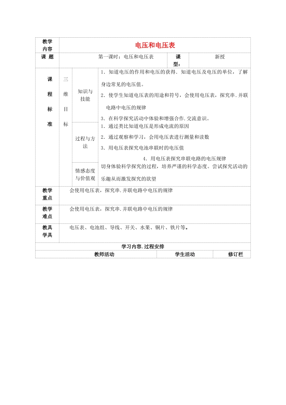 九年级物理上册 第十三章 第四节 电压和电压表的使用教案 （新版）苏科版-（新版）苏科版初中九年级上册物理教案_第1页