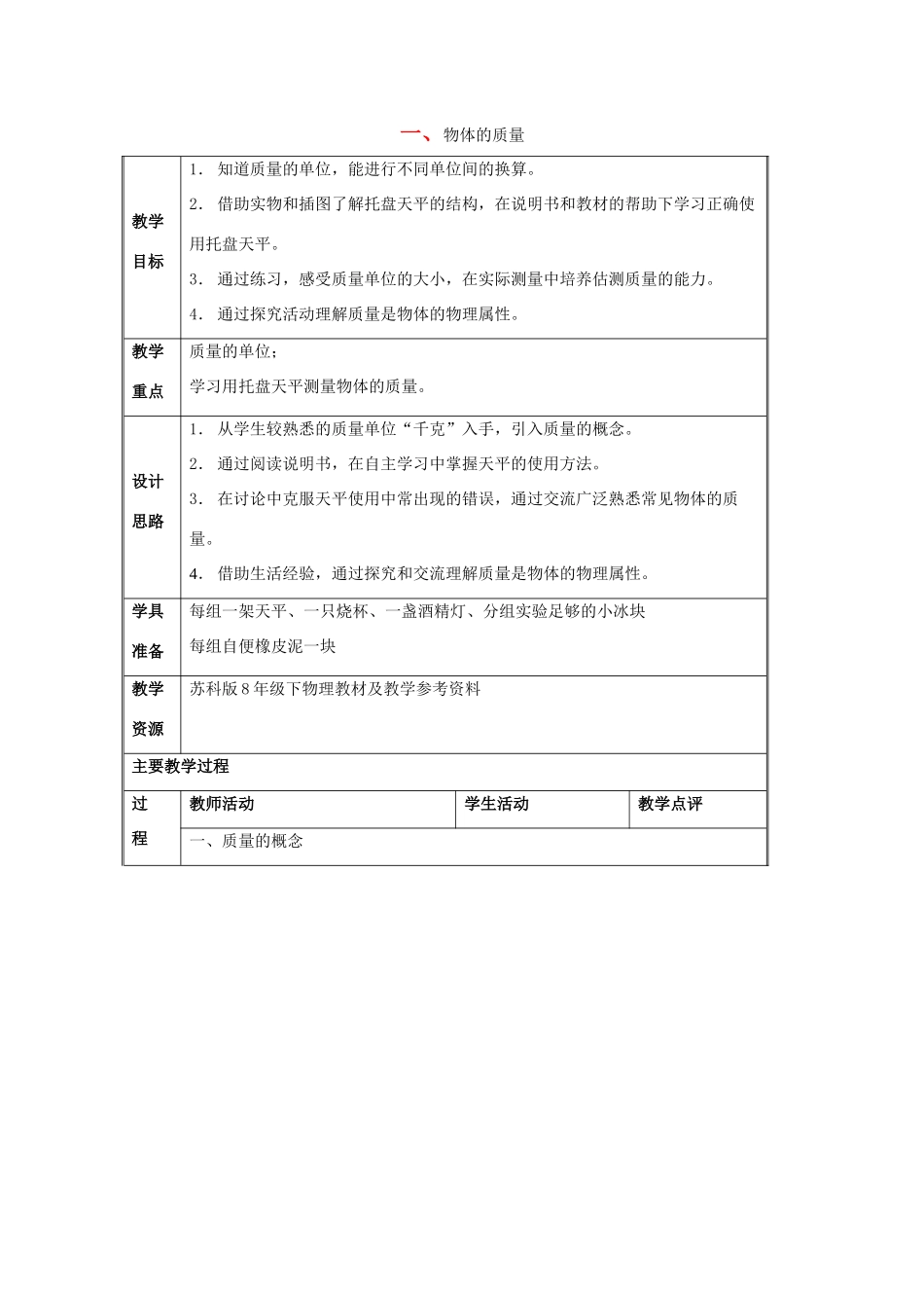 八年级物理下册 第6章 第1节《物体的质量》教学设计1 （新版）苏科版_第1页