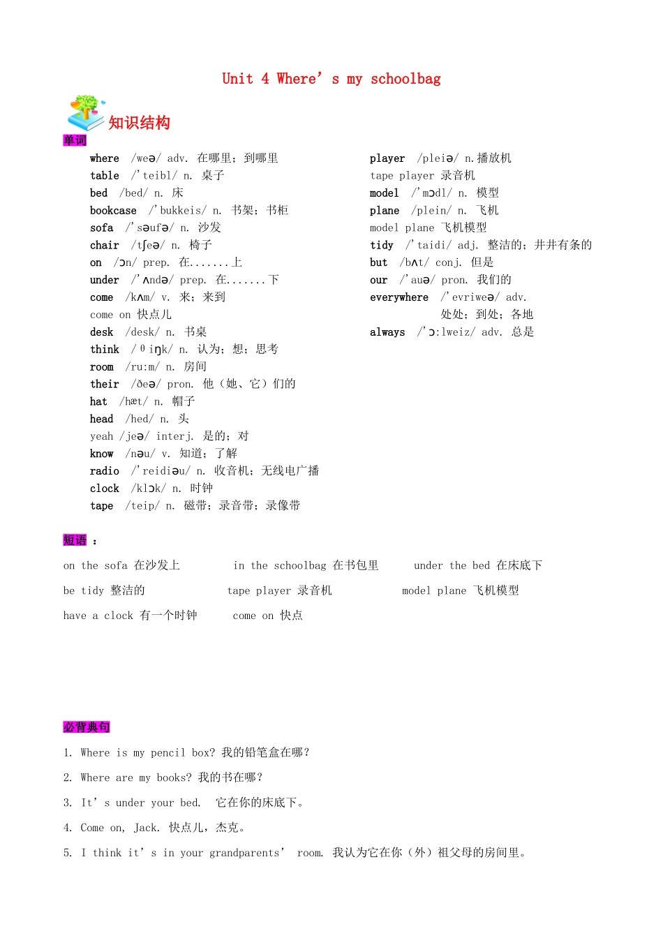 云南省昆明市七年级英语上册 Unit 4 Where’s my schoolbag教材梳理 （新版）人教新目标版-（新版）人教新目标版初中七年级上册英语教案_第1页