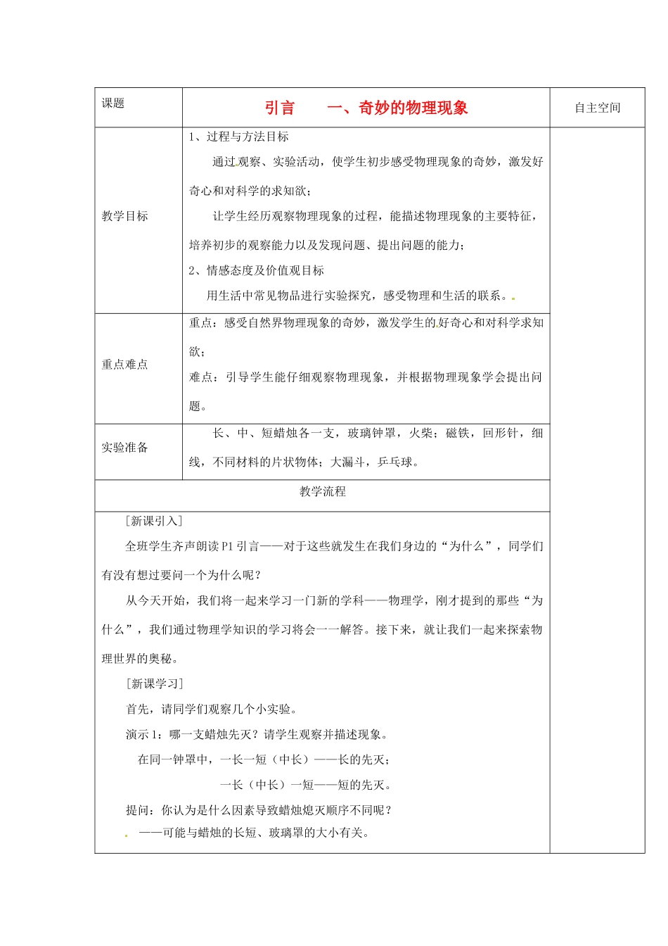 八年级物理上册 引言 一 奇妙的物理现象教案 （新版）苏科版-（新版）苏科版初中八年级上册物理教案_第1页