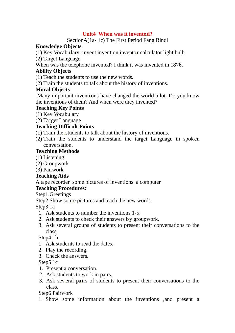 九年级英语：Unit 4 When was it invented（教案5）鲁教版_第1页
