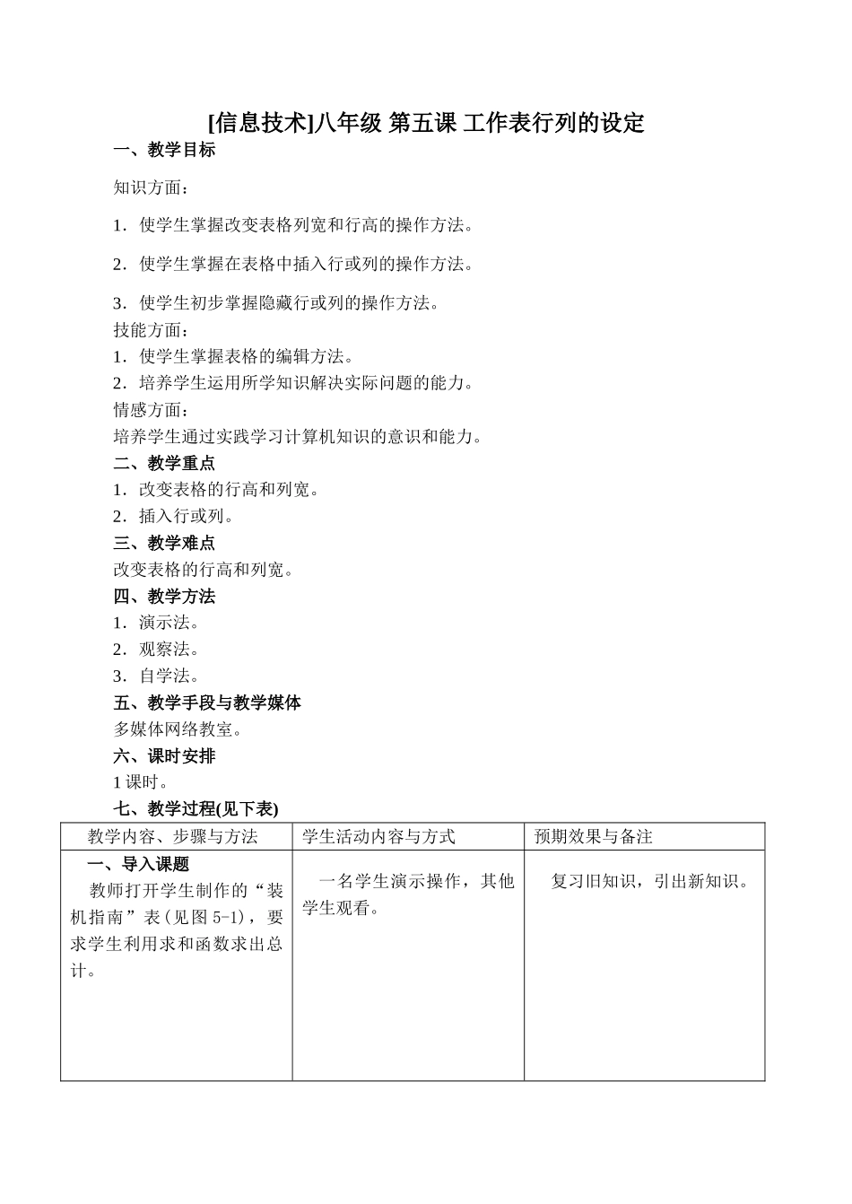 [初中信息技术]八年级 第五课 工作表行列的设定_第1页