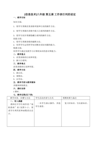 [初中信息技术]八年级 第五课 工作表行列的设定