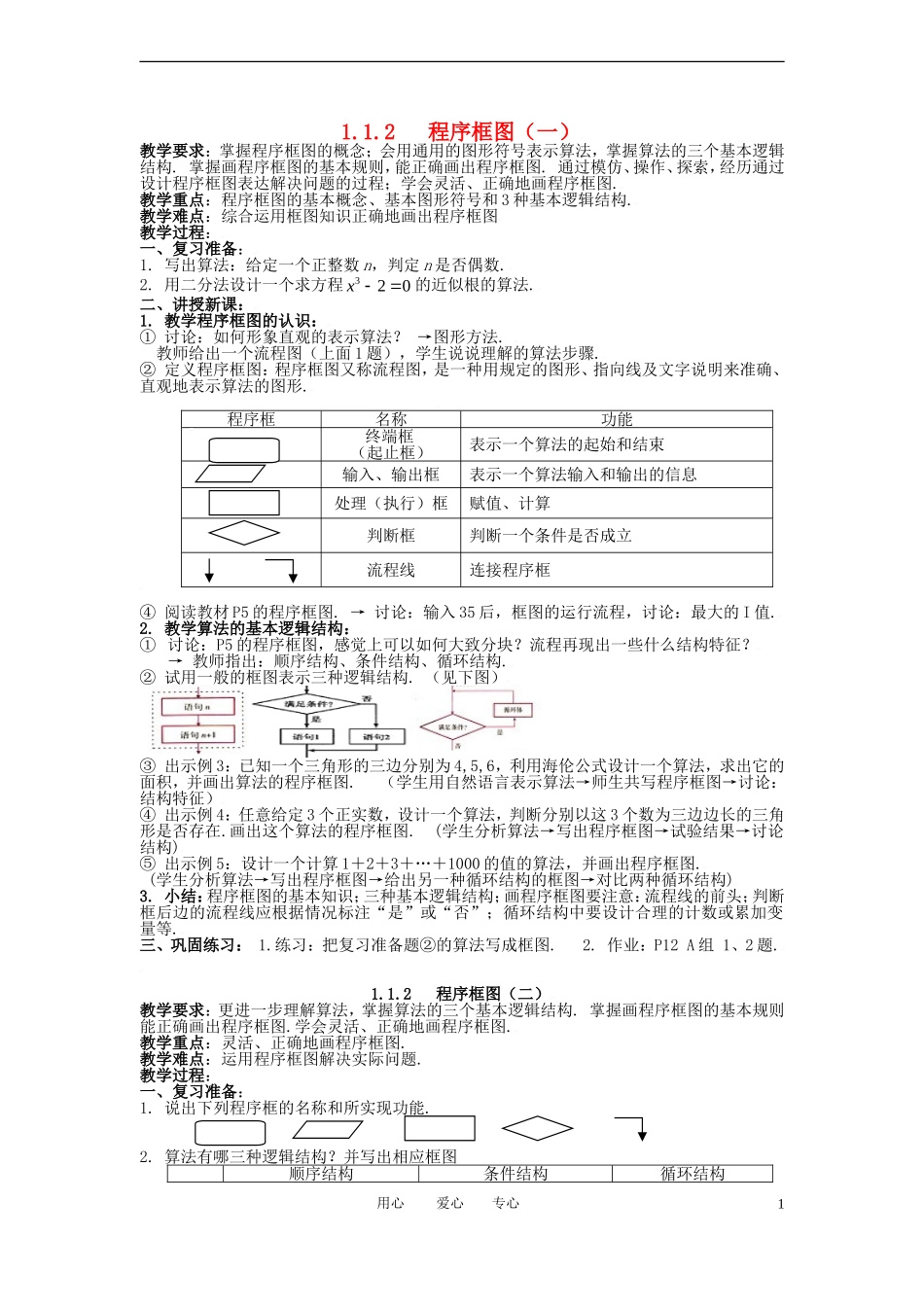高中数学 1.1.2-1.1.3程序框图与算法的基本逻辑结构(一 二)全册精品教案 新人教A版必修3_第1页