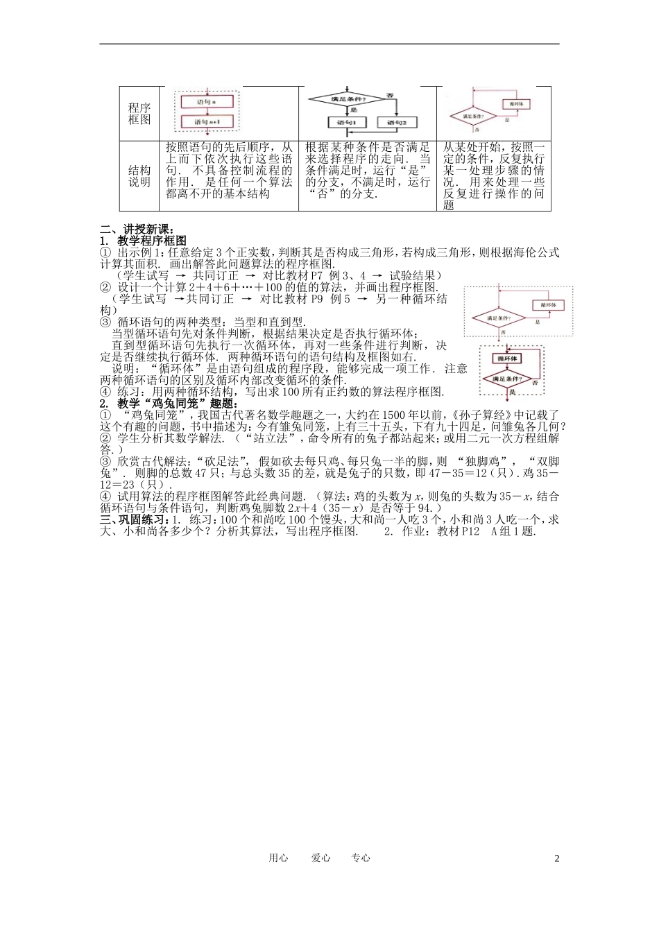 高中数学 1.1.2-1.1.3程序框图与算法的基本逻辑结构(一 二)全册精品教案 新人教A版必修3_第2页