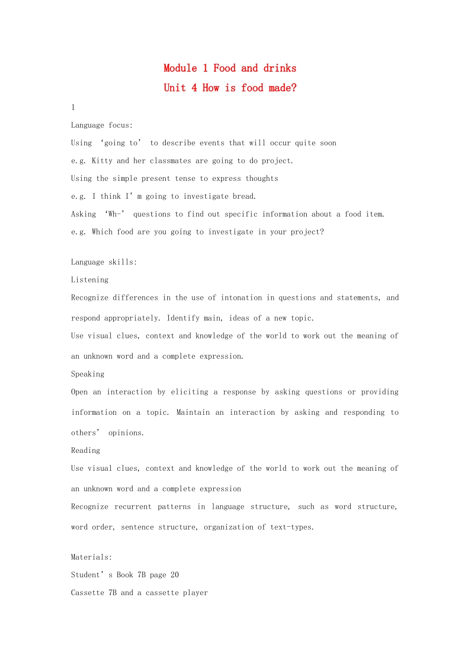 七年级英语下：Module 1 Unit 4 How is food made教案上海牛津版_第1页