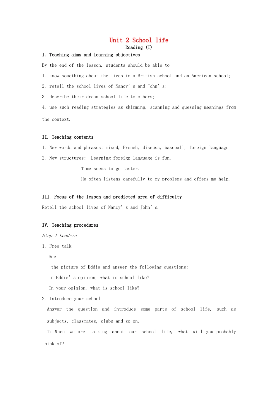 八年级英语上册 Unit 2 School life Reading I教案 （新版）牛津版-（新版）牛津版初中八年级上册英语教案_第1页