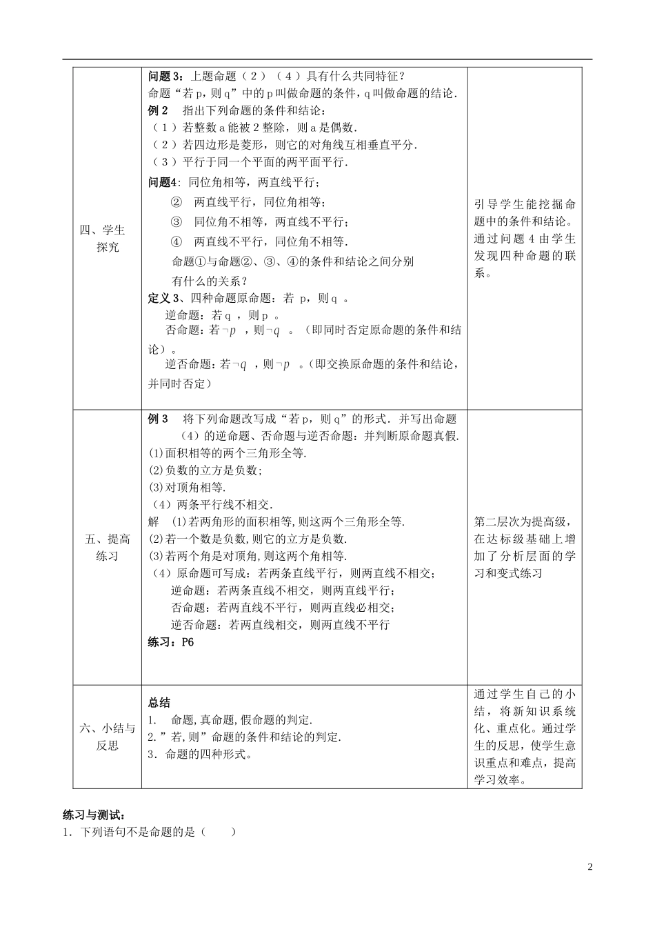 高中数学 1.1.1命题和四种命题教案 新人教版选修1-1-新人教版高二选修1-1数学教案_第2页
