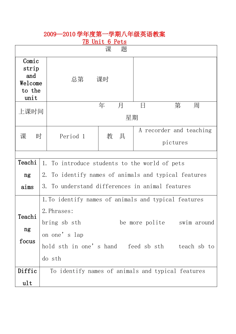 七年级英语unit6 教案牛津版_第1页