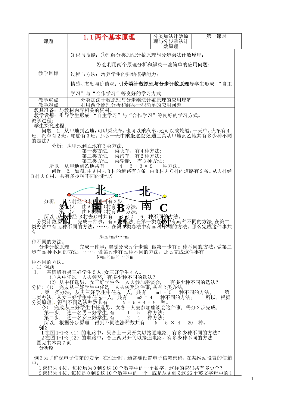 高中数学 1.1 两个基本计数原理教案1 苏教版选修2-3-苏教版高中选修2-3数学教案_第1页
