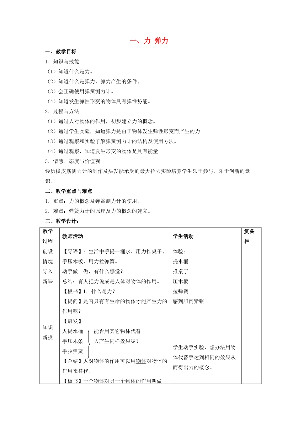 八年级物理下册 第八章 第1节《力 弹力》教学设计1 （新版）苏科版_第1页