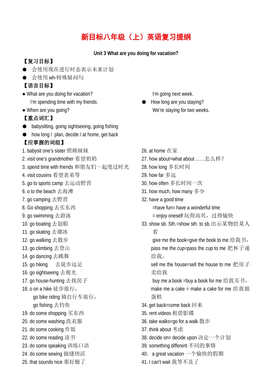 八年级英语上Unit 3 What are you doing for vacation复习提纲人教新目标_第1页