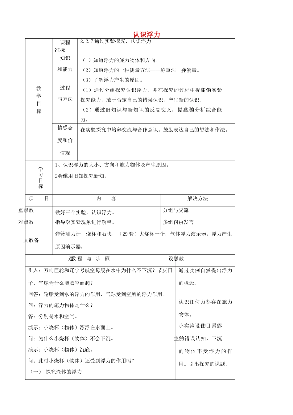 八年级物理全册 第九章 第一节 认识浮力教学设计 （新版）沪科版-（新版）沪科版初中八年级全册物理教案_第1页