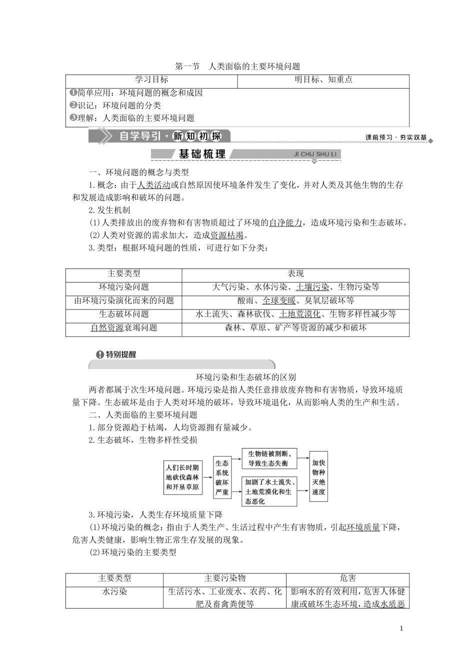 高中地理 第四章 人类与地理环境的协调发展 第一节 人类面临的主要环境问题教案 湘教版必修2-湘教版高一必修2地理教案_第1页