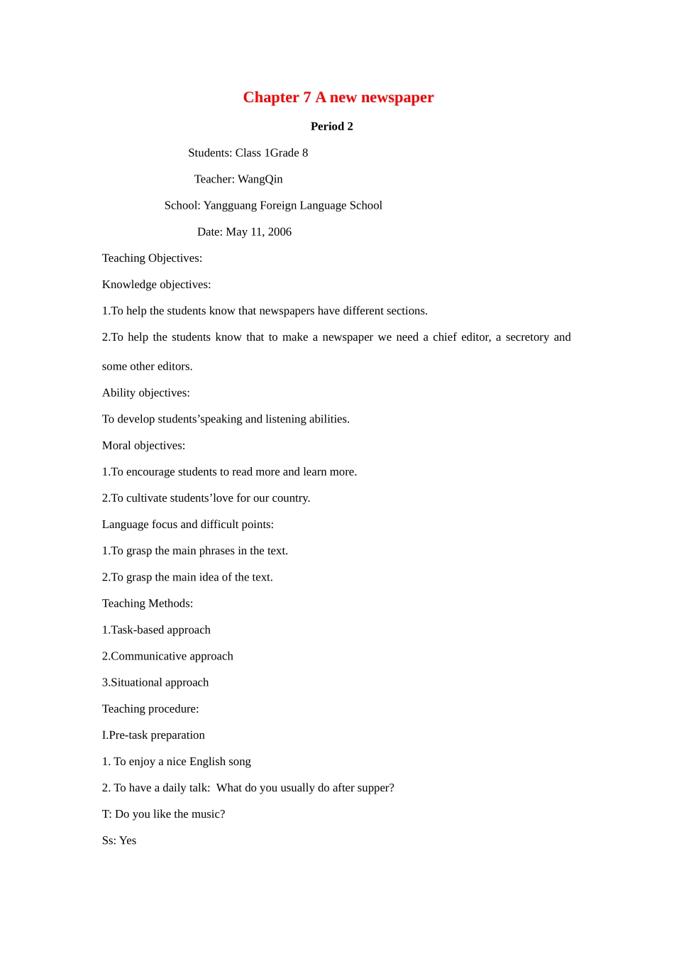 八年级英语下册：Chapter 7 A New Newspaper Period 2教案（上海牛津版）_第1页