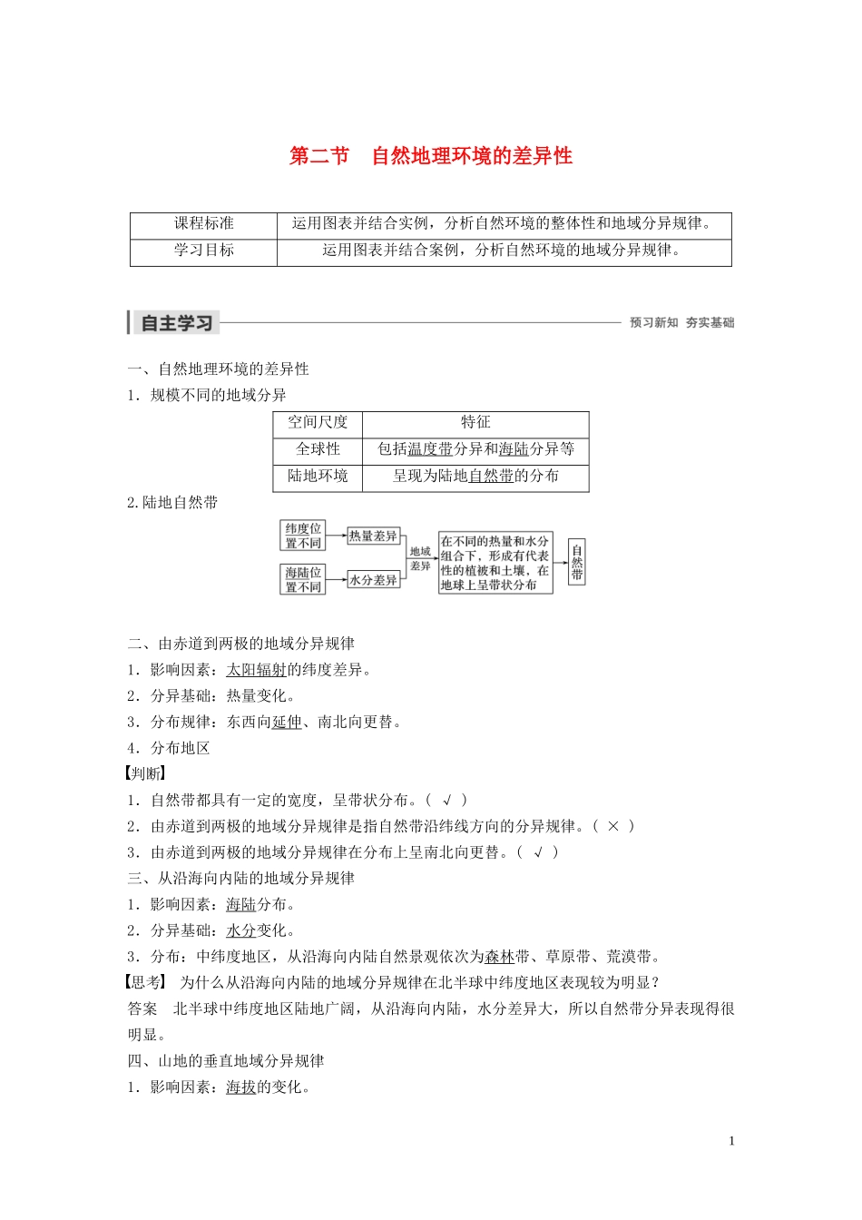 高中地理 第五章 自然地理环境的整体性和差异性 第二节 自然地理环境的差异性教案（含解析）新人教版必修1-新人教版高一必修1地理教案_第1页