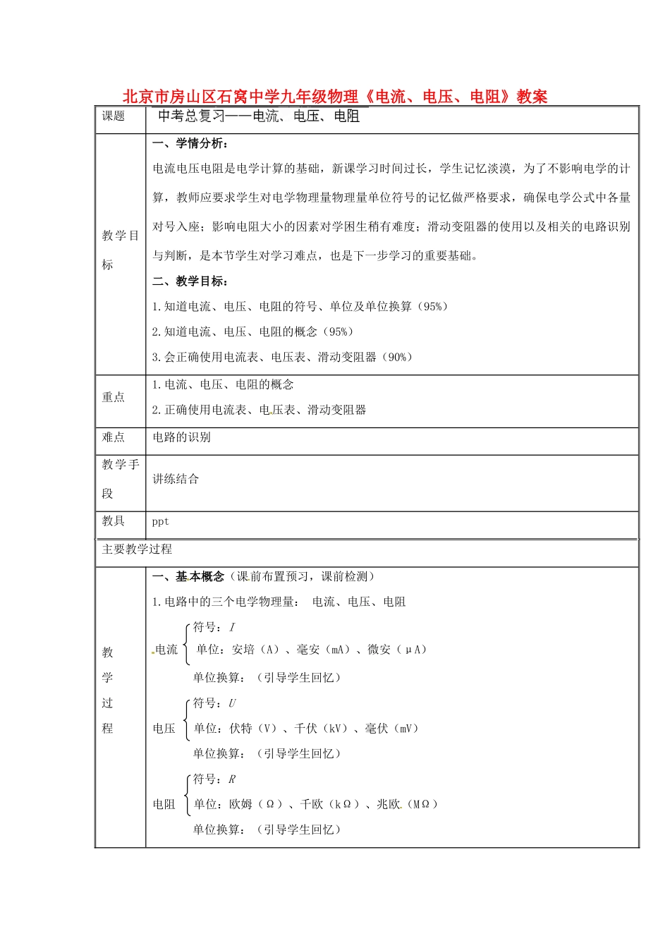 北京市房山区石窝中学九年级物理《电流、电压、电阻》教案_第1页