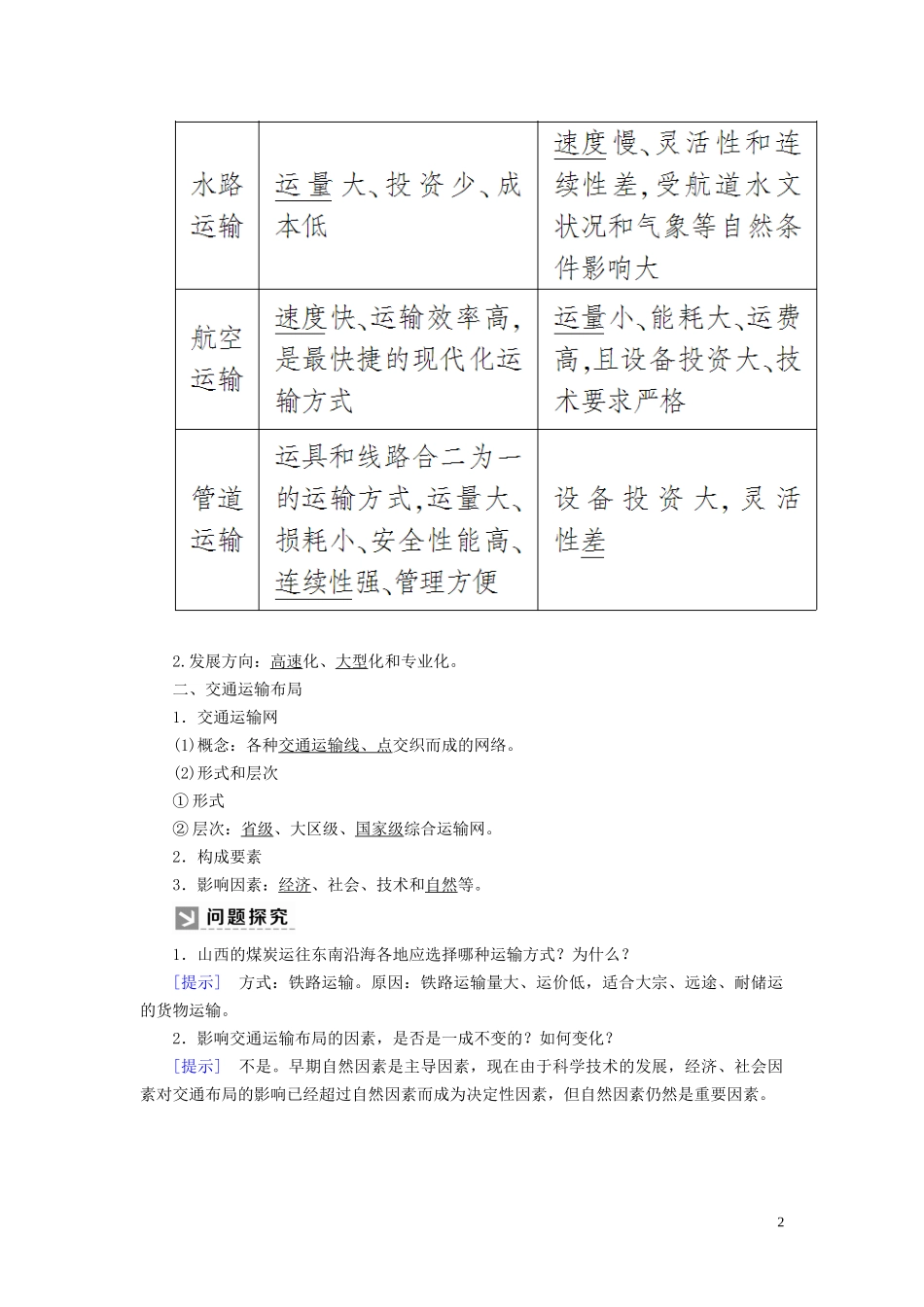 高中地理 第五章 交通运输布局及其影响 第一节 交通运输方式和布局教案 新人教版必修2-新人教版高一必修2地理教案_第2页