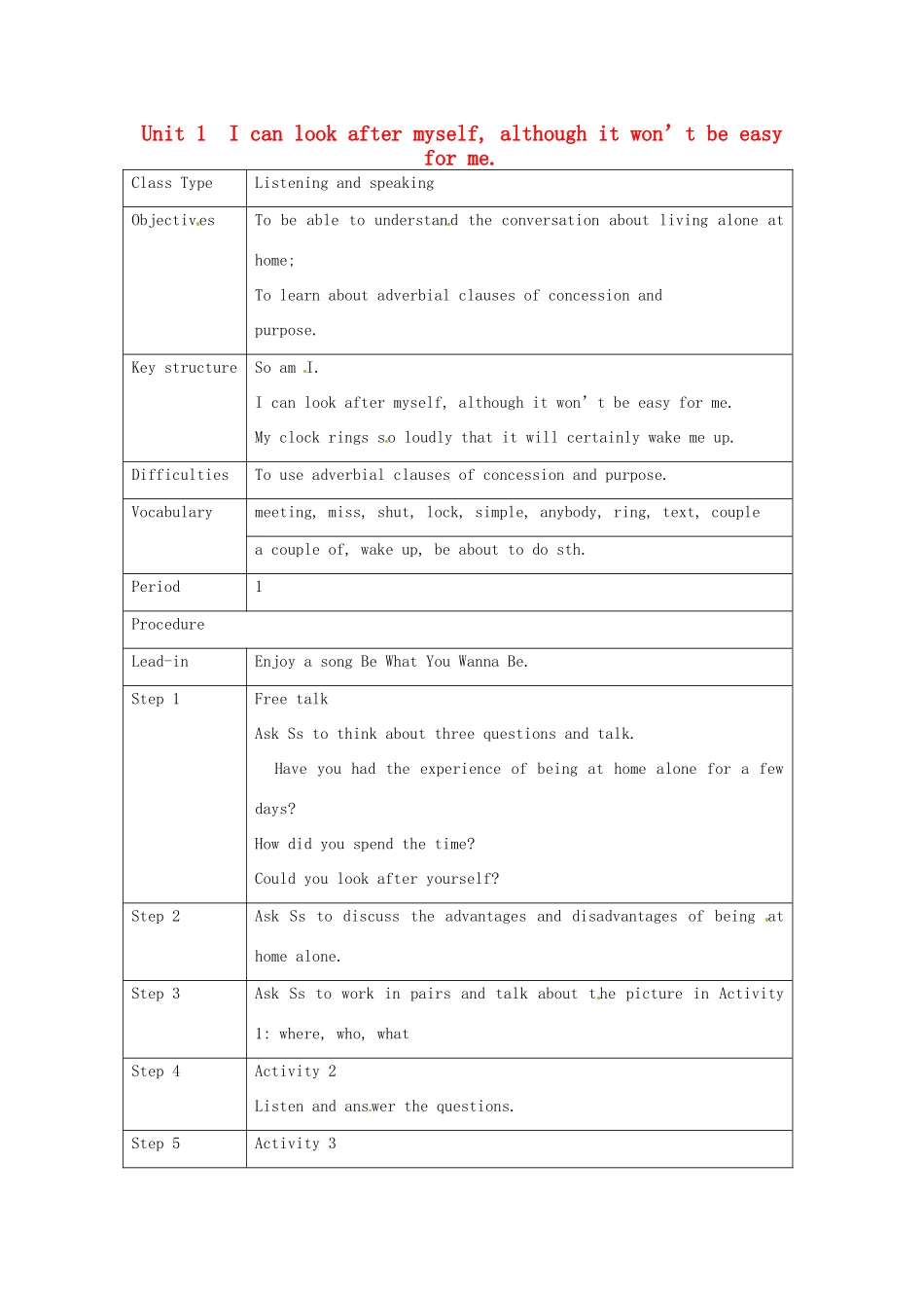 九年级英语上册《Module 4 Unit 1 I can look after myself，althoughit won ’t be easy for me》教案 （新版）外研版-（新版）外研版初中九年级上册英语教案_第1页