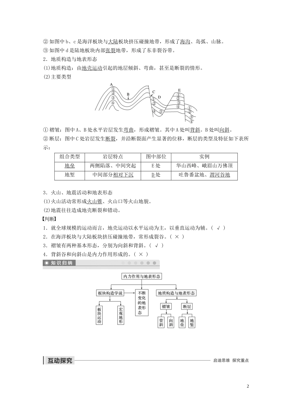 高中地理 第二章 自然环境中的物质运动和能量交换 第二节 地球表面形态 课时1 内力作用与地表形态讲义（含解析）湘教版必修1-湘教版高一必修1地理教案_第2页