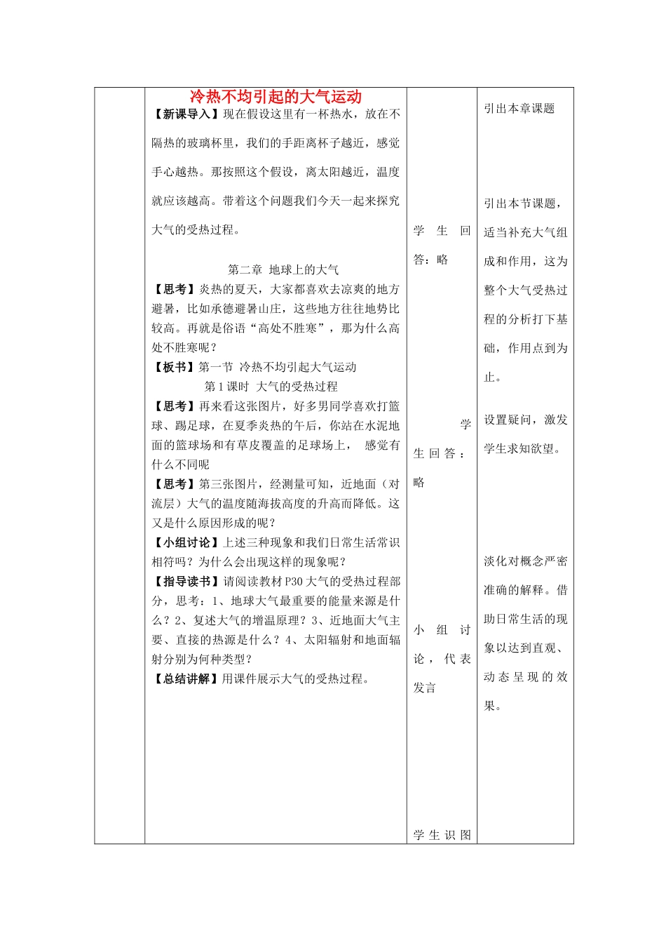 高中地理 第二章 地球上的大气 第一节 冷热不均引起的大气运动教学设计 新人教版必修1-新人教版高一必修1地理教案_第1页