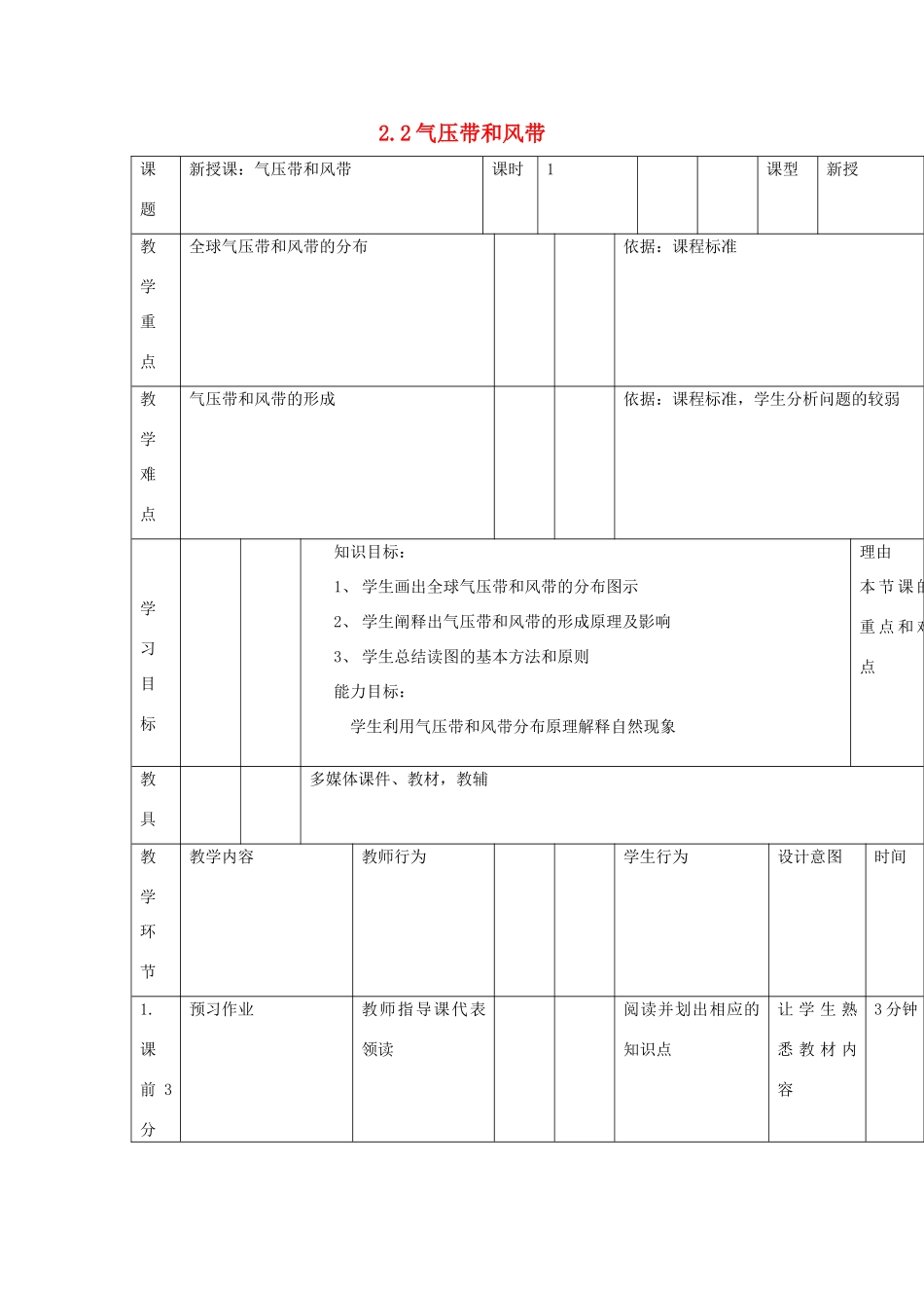 高中地理 第二章 地球上的大气 2.2 气压带和风带（课时1）气压带和风带的形成 气压中心教案 新人教版必修1-新人教版高一必修1地理教案_第1页