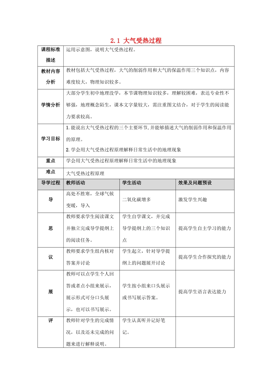 高中地理 第二章 地球上的大气 2.1 大气受热过程教案 新人教版必修1-新人教版高一必修1地理教案_第1页