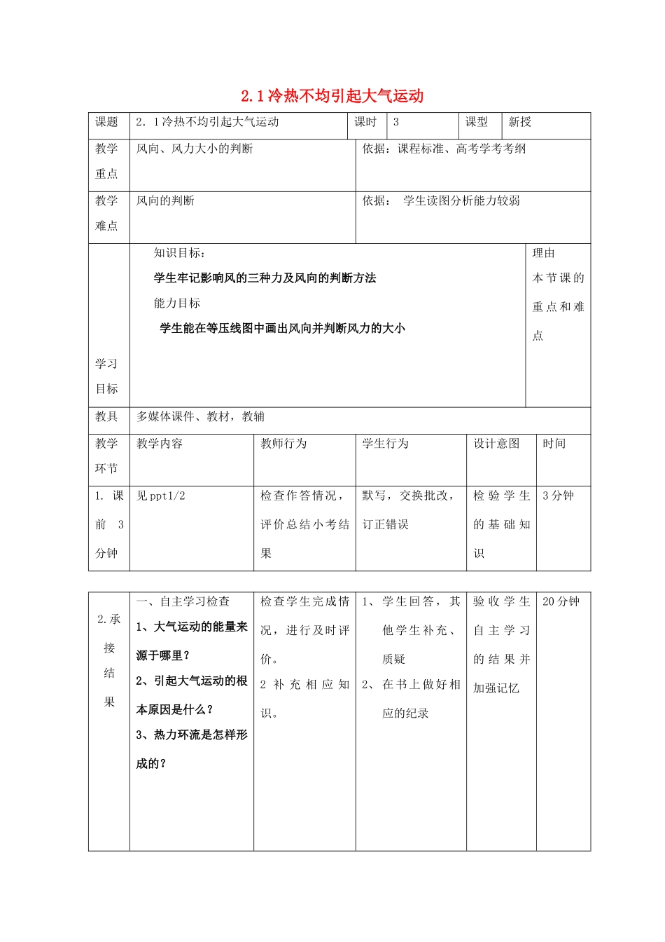 高中地理 第二章 地球上的大气 2.1 冷热不均引起大气运动（第3课时）教案 新人教版必修1-新人教版高一必修1地理教案_第1页