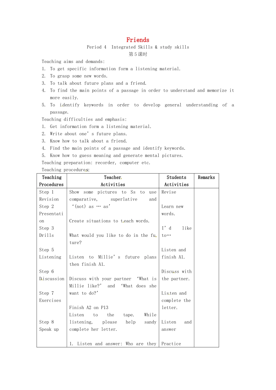 八年级英语上册 Unit 1 Friends Period 4 Integrated Skills  study skills教案 （新版）牛津版-（新版）牛津版初中八年级上册英语教案_第1页