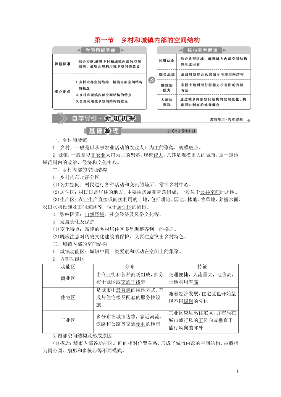 高中地理 第二章 乡村和城镇 第一节 乡村和城镇内部的空间结构教案 中图版必修第二册-中图版高一第二册地理教案_第1页