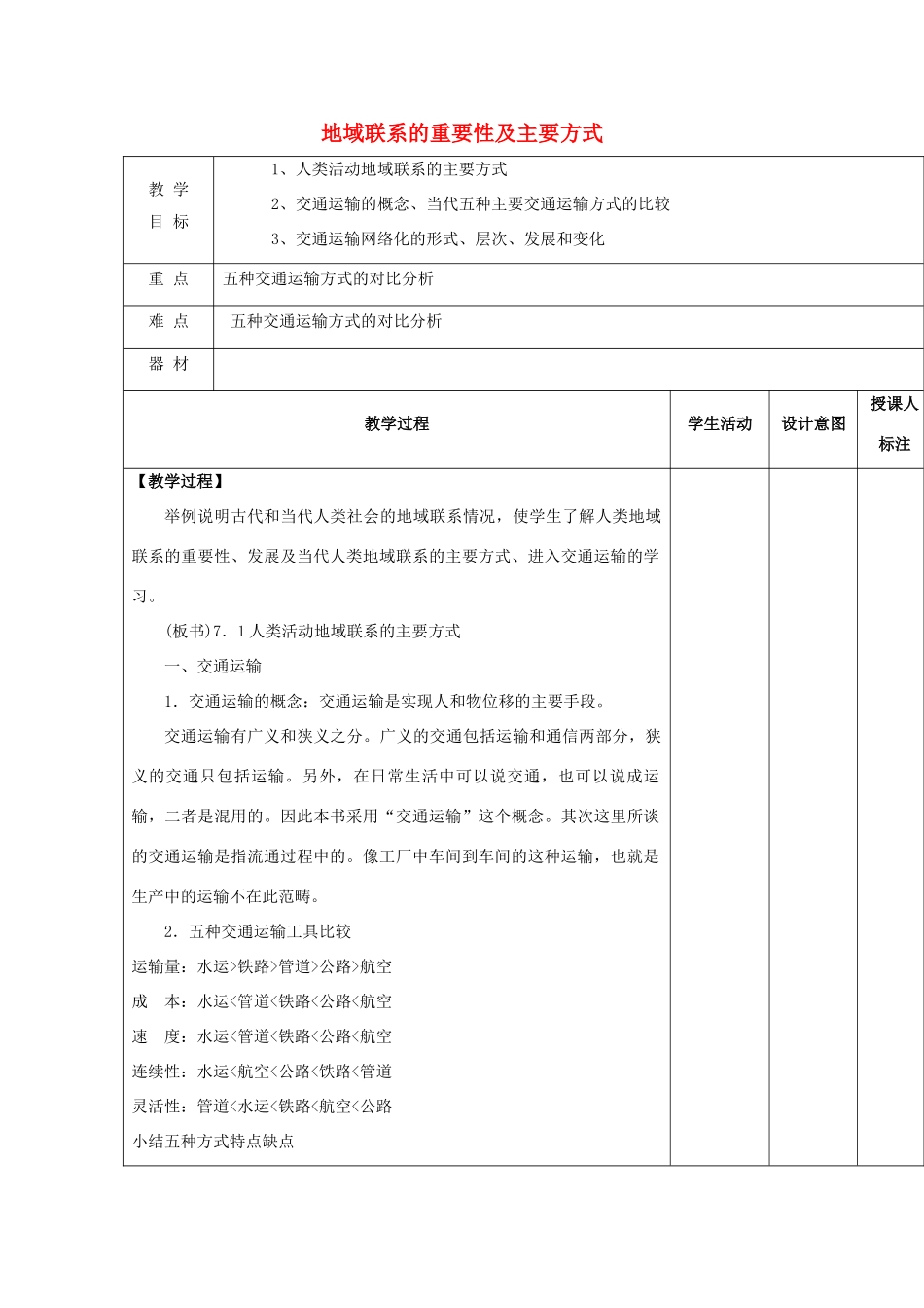 高中地理 第三章 生产活动与地域联系 3.3 地域联系 第一课时 地域联系的重要性及主要方式教案 中图版必修2-中图版高一必修2地理教案_第1页