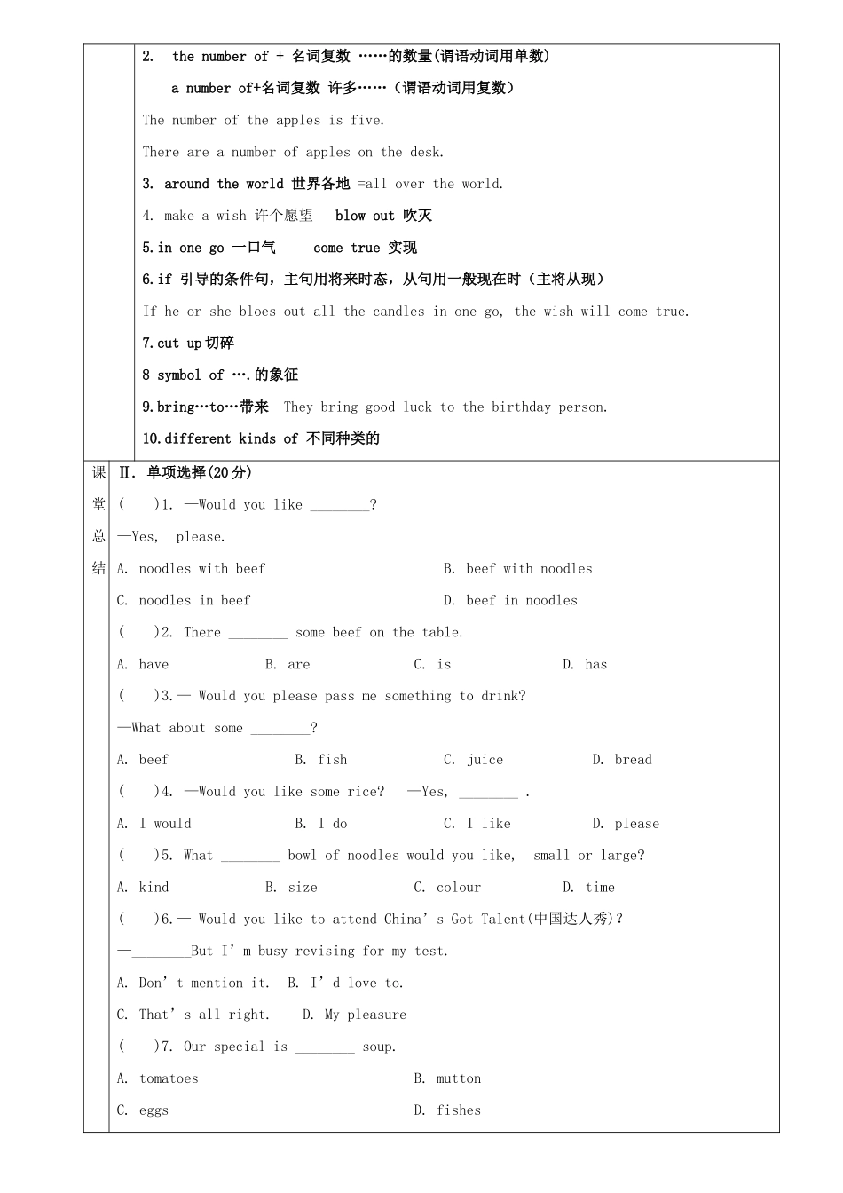 七年级英语下册 Unit 10 I’d like some noodles讲义习题（无答案）（新版）人教新目标版-（新版）人教新目标版初中七年级下册英语教案_第3页