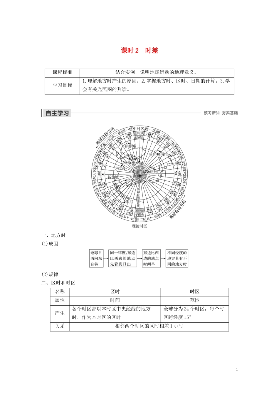 高中地理 第一章 行星地球 第二节 地球自转的地理意义 课时2 时差教案（含解析）新人教版必修1-新人教版高一必修1地理教案_第1页