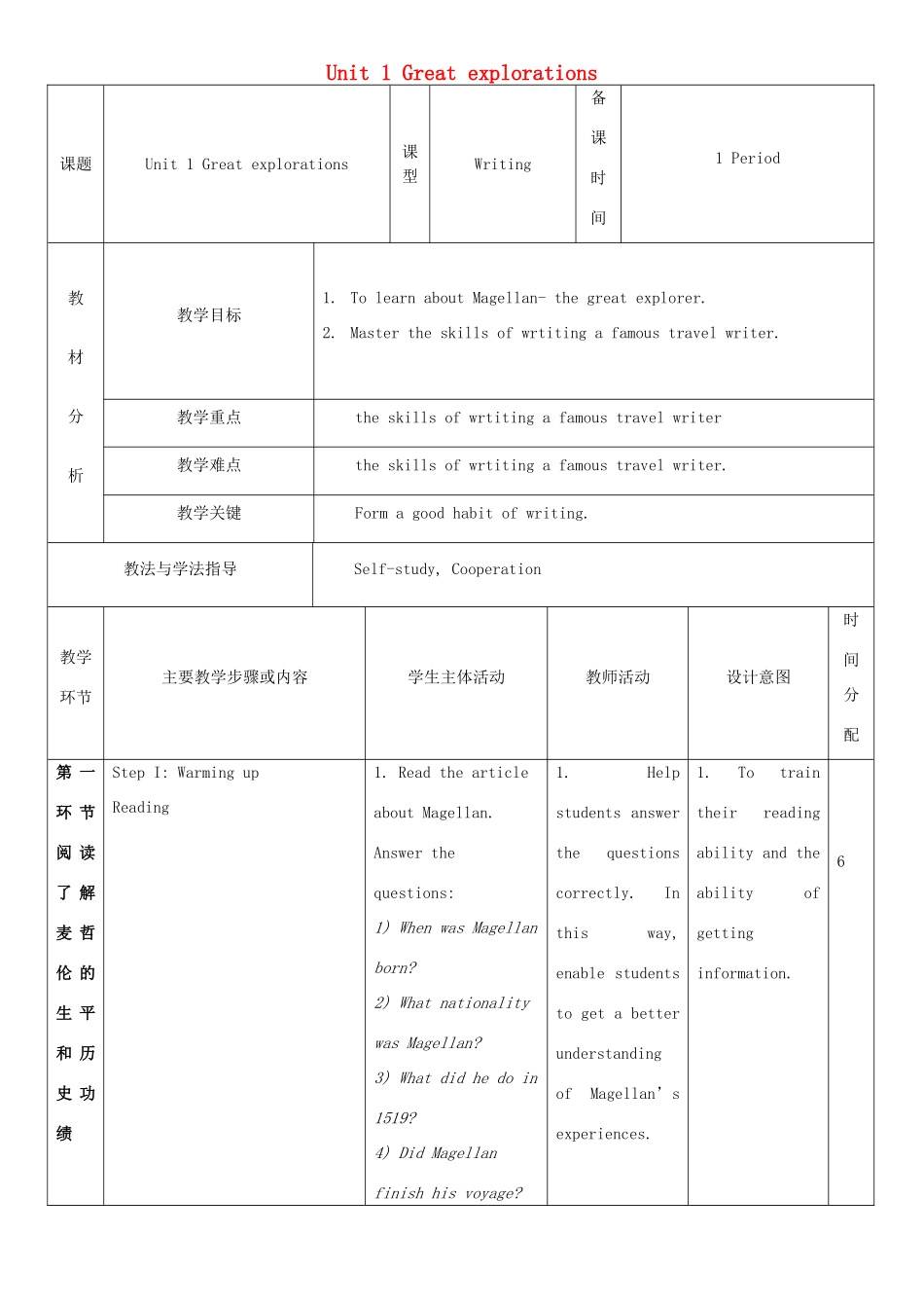九年级英语下册 Module 1 Explorations and exchanges Unit 1 Great explorations教案6 牛津深圳版-牛津深圳版初中九年级下册英语教案_第1页