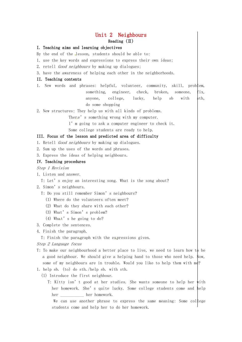 七年级英语下册 Unit 2 Neighbours（第3课时）教案 （新版）牛津版-（新版）牛津版初中七年级下册英语教案_第1页