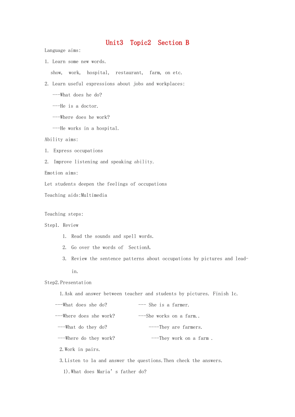 七年级英语上册 Unit 3 Topic 2 What do your parents do Section B教案 （新版）仁爱版-（新版）仁爱版初中七年级上册英语教案_第1页