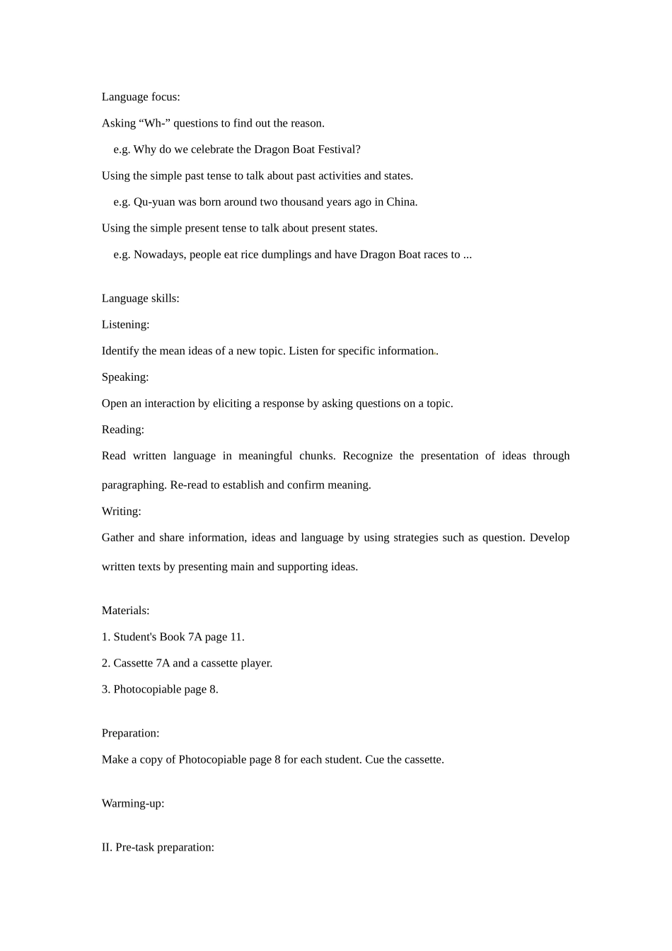 七年级英语：Module 1 Unit 3 The Dragon Boat Festival教案上海牛津版_第3页