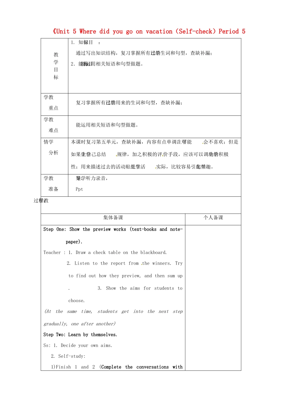 七年级英语上册《Unit 5 Where did you go on vacation（Self-check）Period 5》教案 鲁教版五四制-鲁教版五四制初中七年级上册英语教案_第1页