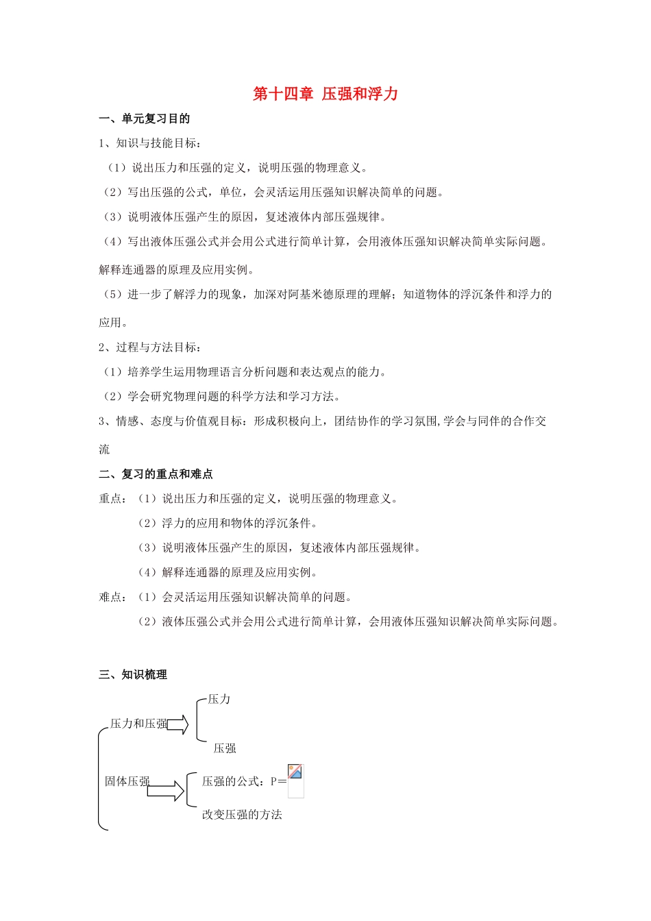 九年级物理：第十四章压强和浮力复习教案（人教新课标版）_第1页