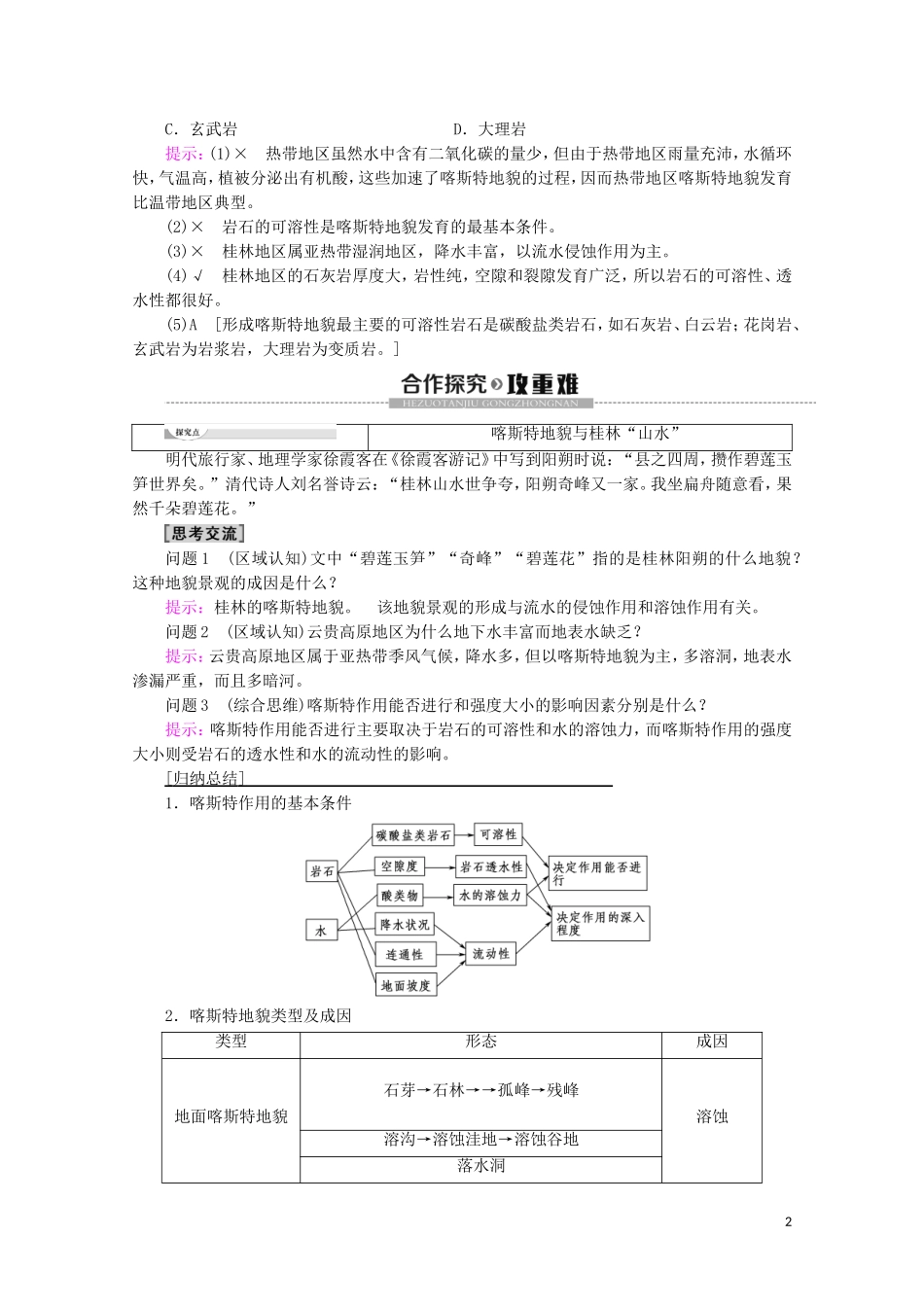 高中地理 第6课时 喀斯特地貌讲义 鲁教版必修1-鲁教版高一必修1地理教案_第2页