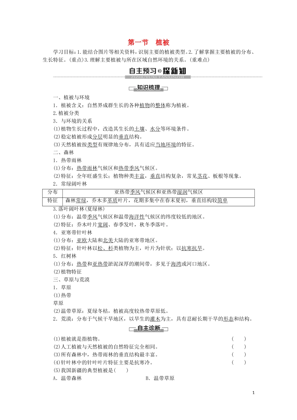 高中地理 第5章 植被与土壤 第1节 植被讲义 新人教版必修第一册-新人教版高一第一册地理教案_第1页