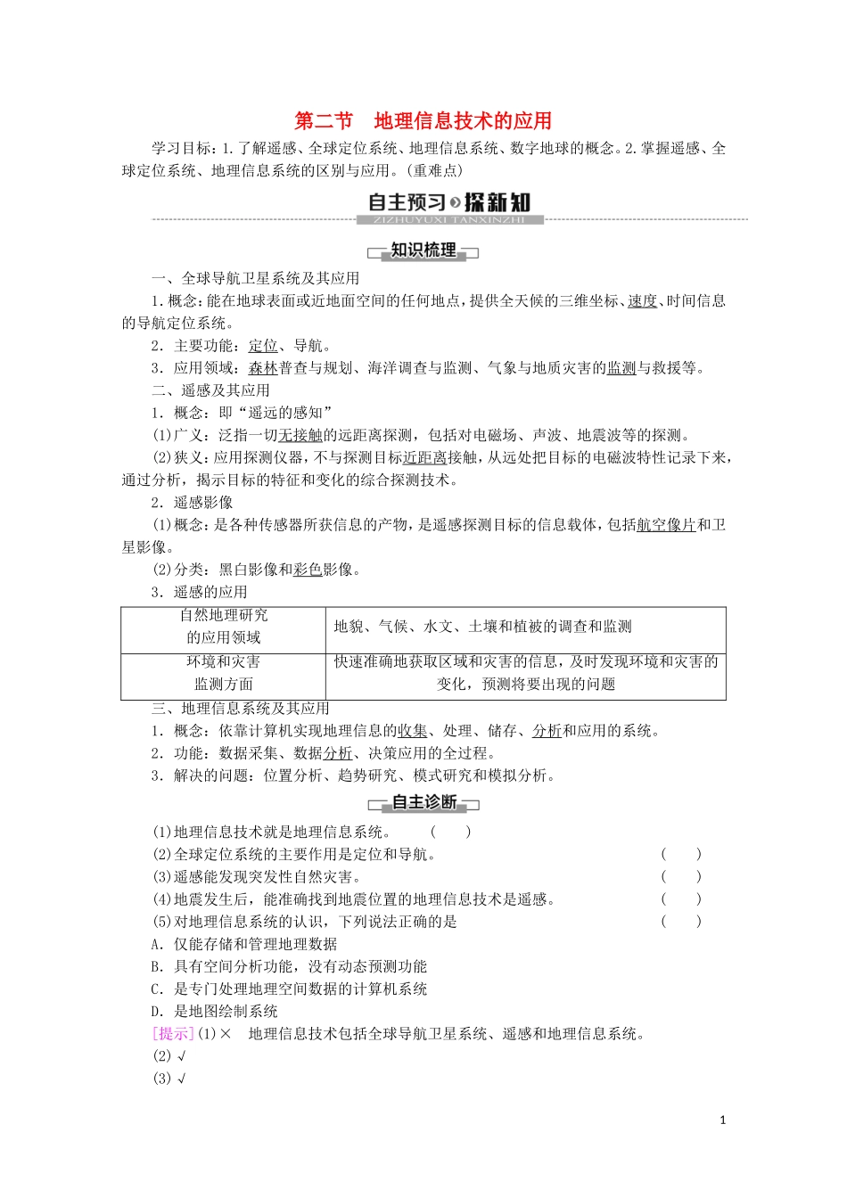 高中地理 第4章 自然地理实践的基本方法 第2节 地理信息技术的应用讲义 中图版必修1-中图版高一必修1地理教案_第1页