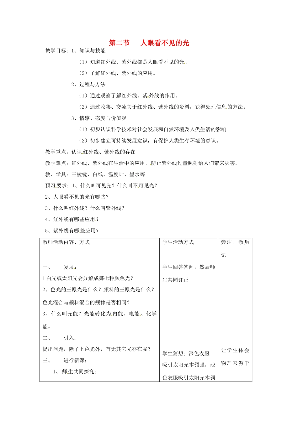 八年级物理上册 3.2 人眼看不见的光教案2 苏科版_第1页