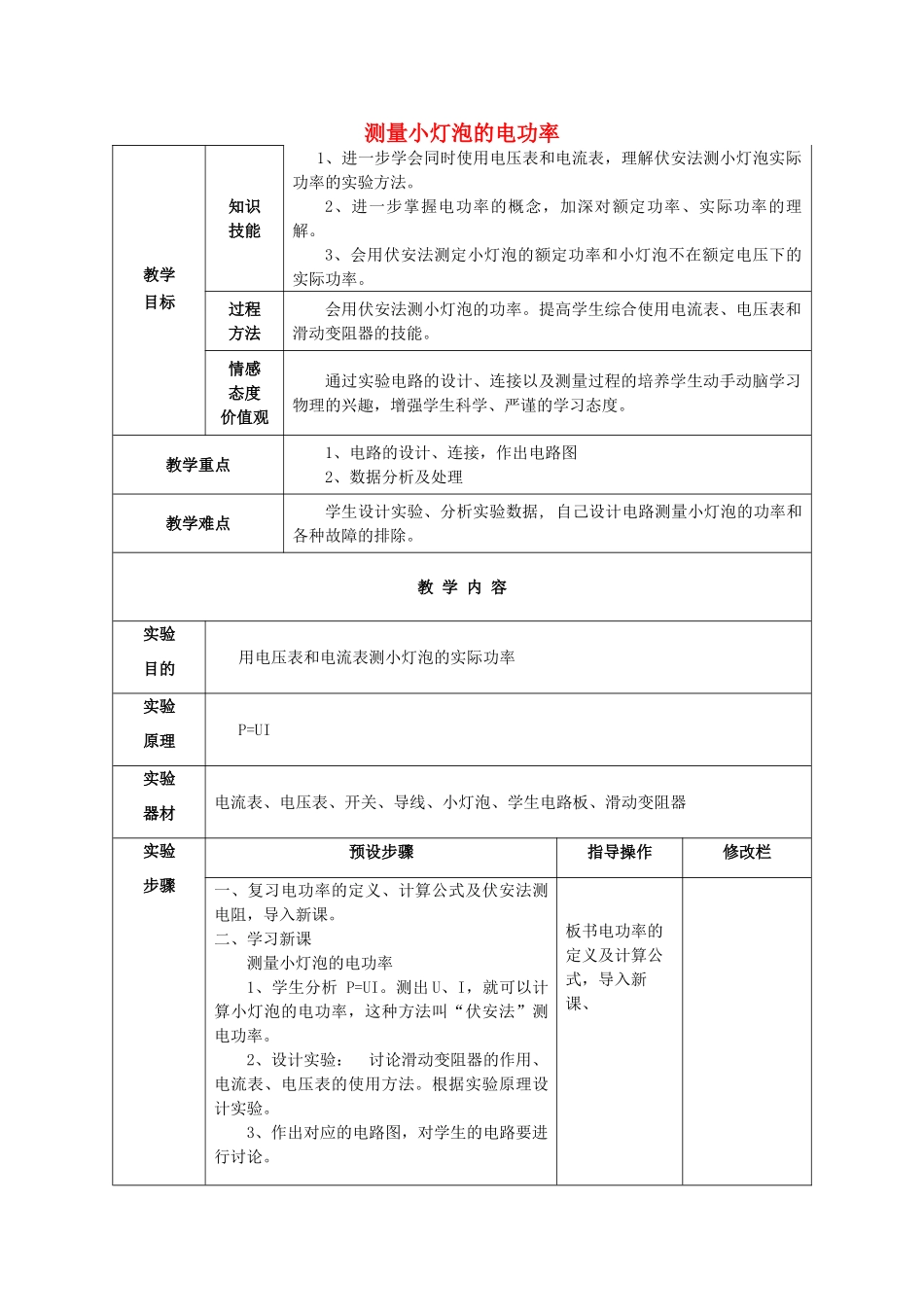 九年级物理全册 18.2《电功率》测量小灯泡的电功率教案 （新版）新人教版-（新版）新人教版初中九年级全册物理教案_第1页