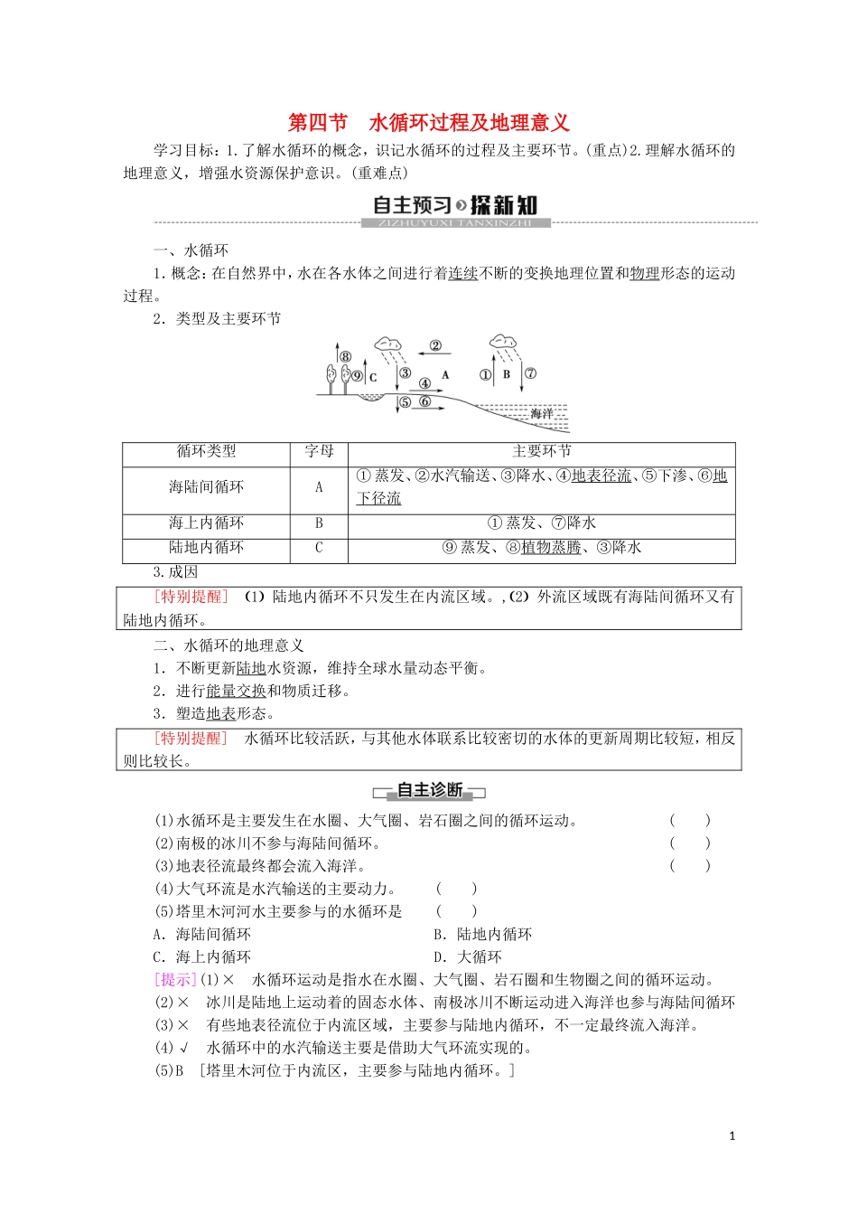 高中地理 第2章 自然地理要素及现象 第4节 水循环过程及地理意义讲义 中图版必修1-中图版高一必修1地理教案_第1页