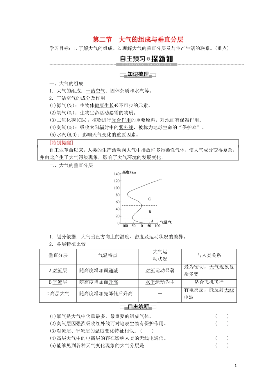 高中地理 第2章 自然地理要素及现象 第2节 大气的组成与垂直分层讲义 中图版必修1-中图版高一必修1地理教案_第1页