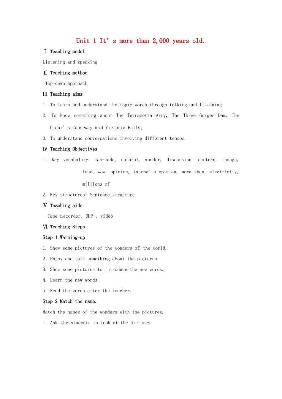 九年级英语上册 Module 1 Unit 1 It’s more than 2,000 years old教案 （新版）外研版-（新版）外研版初中九年级上册英语教案_第1页