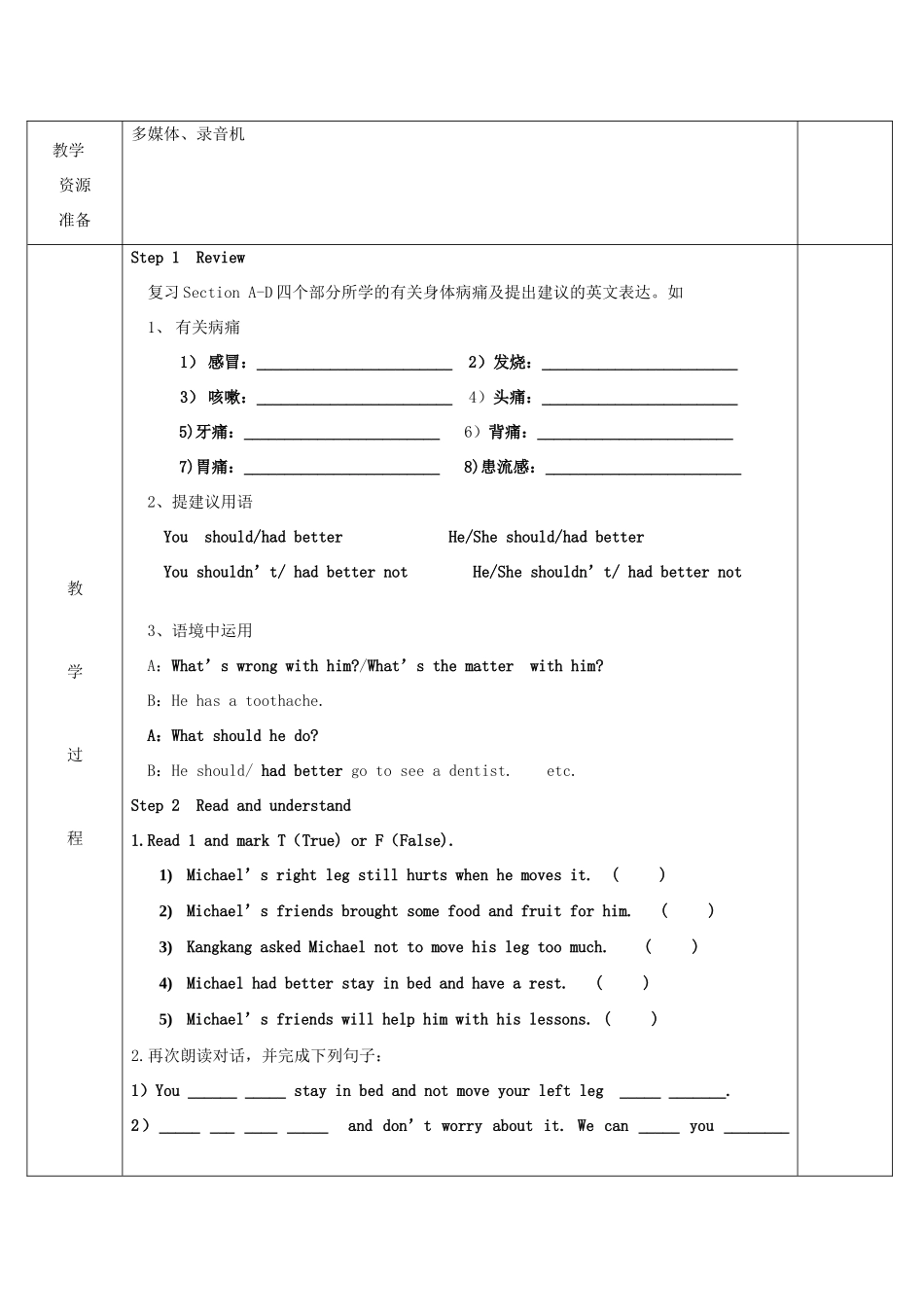 八年级英语上册 Unit 2 Keeping Healthy Topic 1 You should brush your teeth twice a day Section D教学设计 （新版）仁爱版-（新版）仁爱版初中八年级上册英语教案_第2页