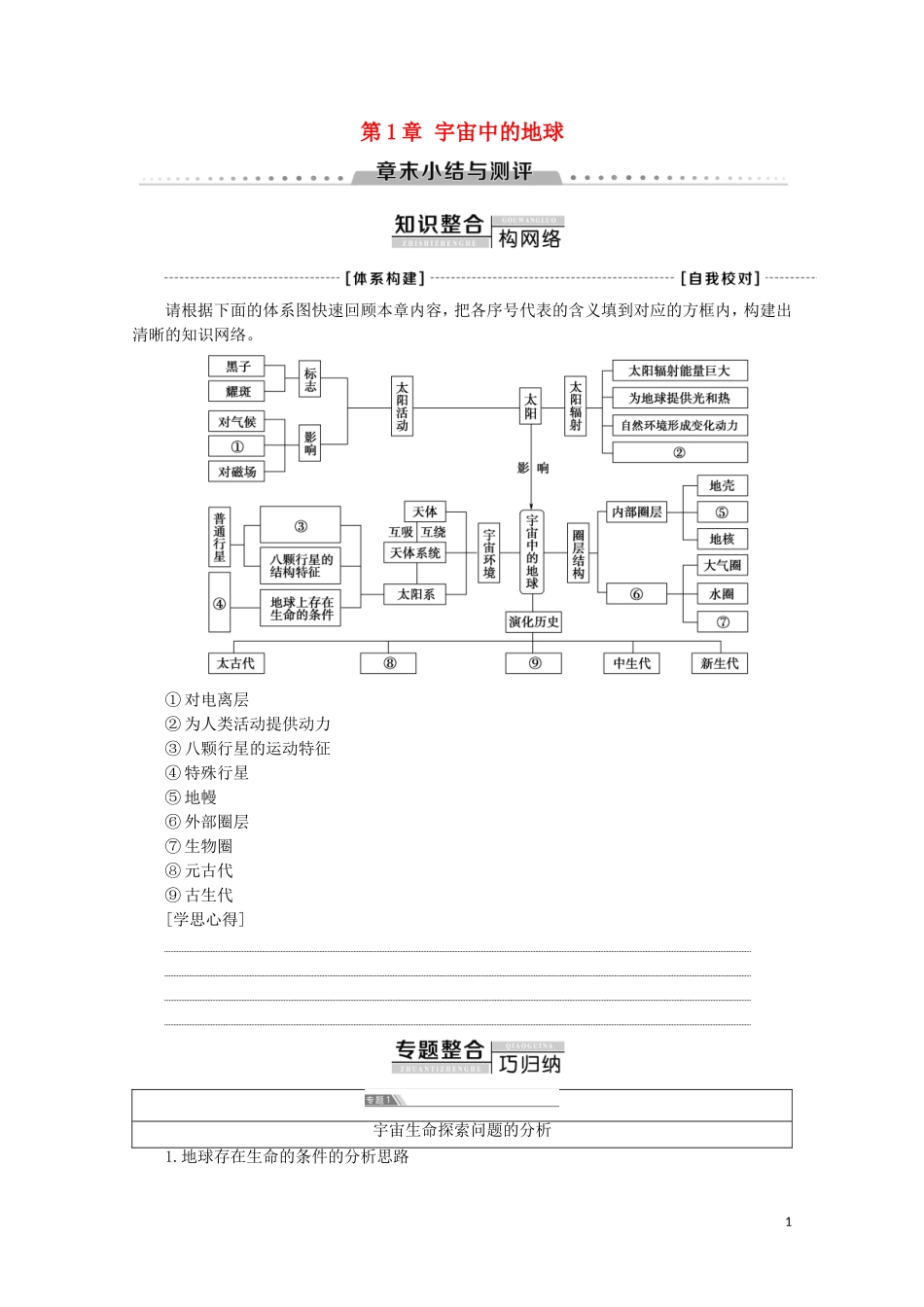 高中地理 第1章 宇宙中的地球章末小结与测评讲义 中图版必修1-中图版高一必修1地理教案_第1页